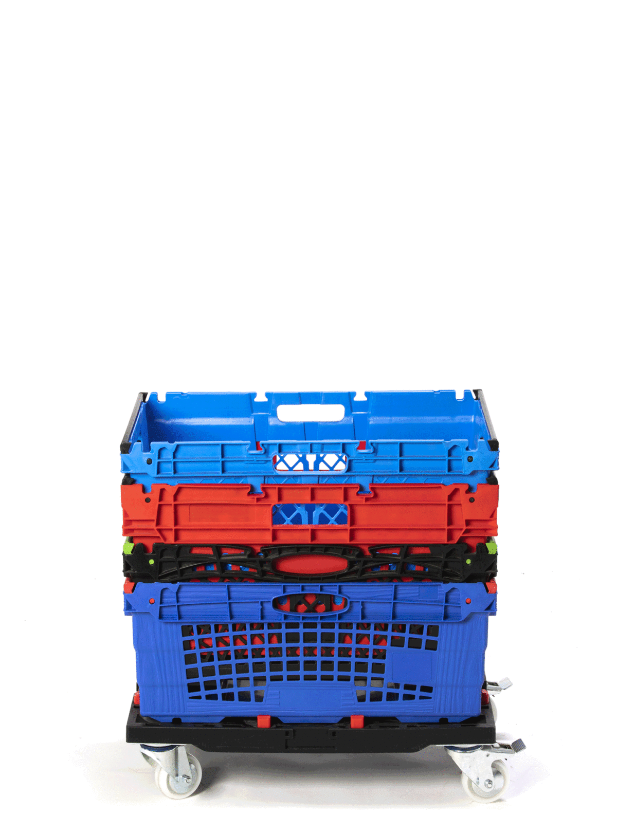 An animated loop shows how Tosca e-commerce picking totes stack neatly and securely on top of a quarter dolly.