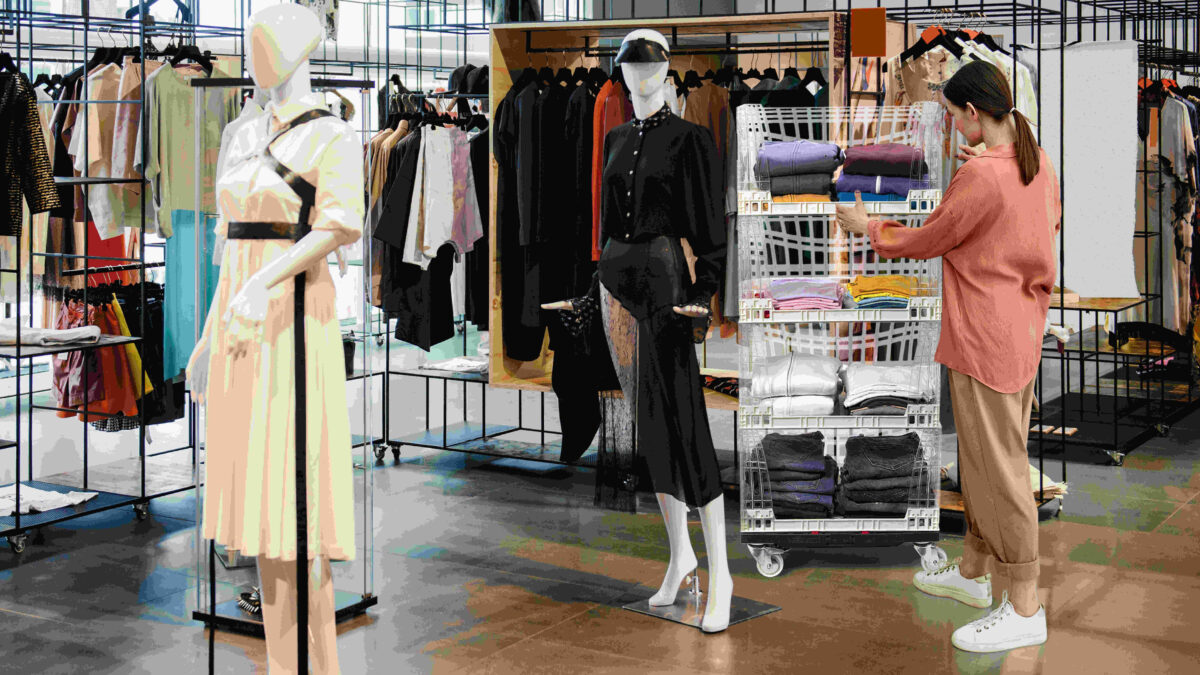 A woman shopping in a retail boutique browses clothing displayed in clear reusable crates stacked on a portable Tosca plastic dolly.