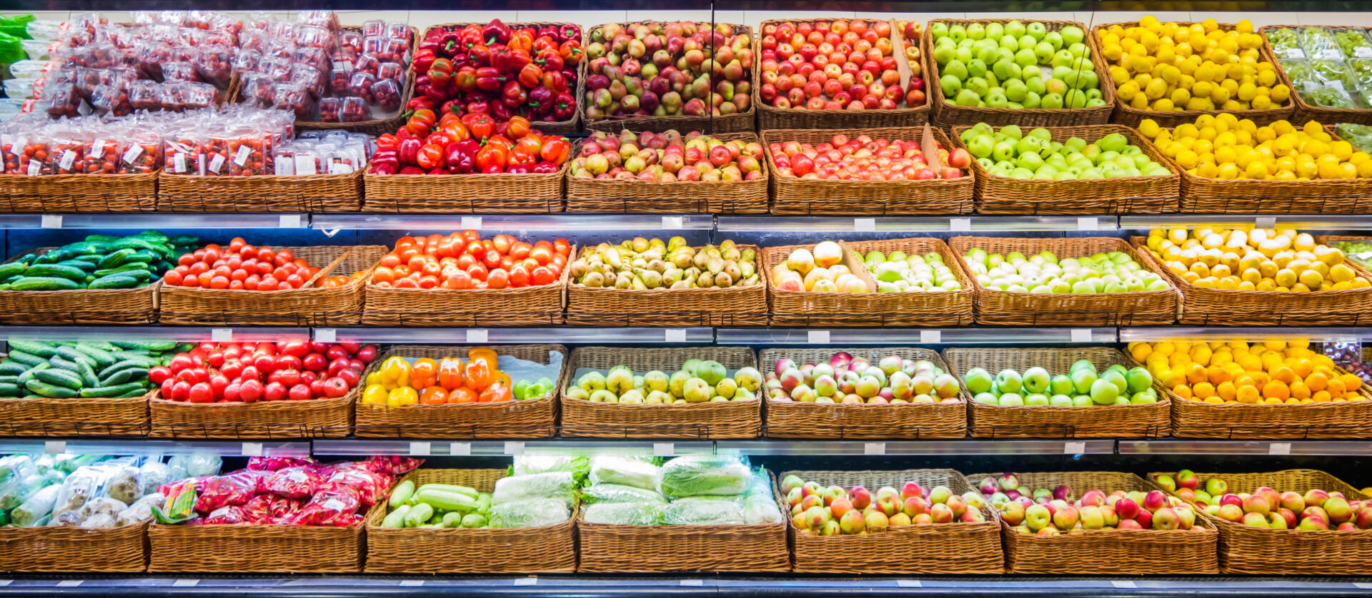 Fresh fruits and vegetables on shelf in supermarket