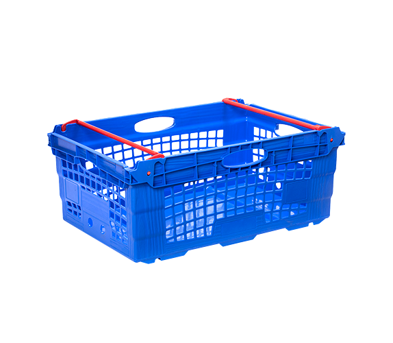 Blue e-commerce bin with red handles, custom-designed by Tosca for a grocery and general merchandise retailer's online shopping and delivery services.