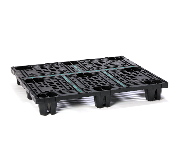 Black custom pallet for the textiles industry with prongs, allowing the reusable plastic pallet to be securely stacked, stored, or used for retail product display.