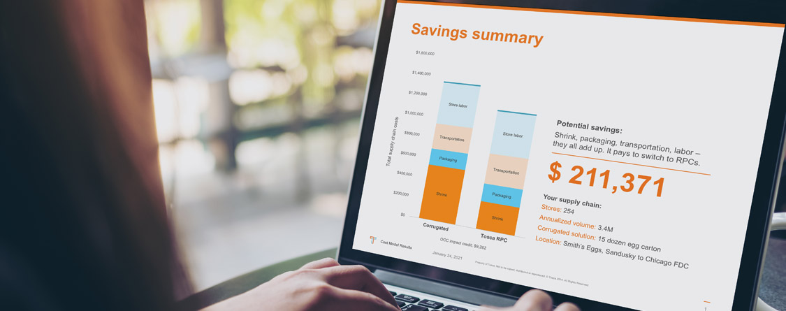 A woman reviews an RPC savings and benefot analysis showing the cost differential from switching to RPCs from corugated