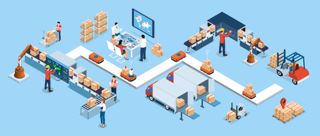 3D isometric automated warehouse robots and Smart warehouse technology Concept with Warehouse Automation System and Autonomous Robot Transportation operation service.